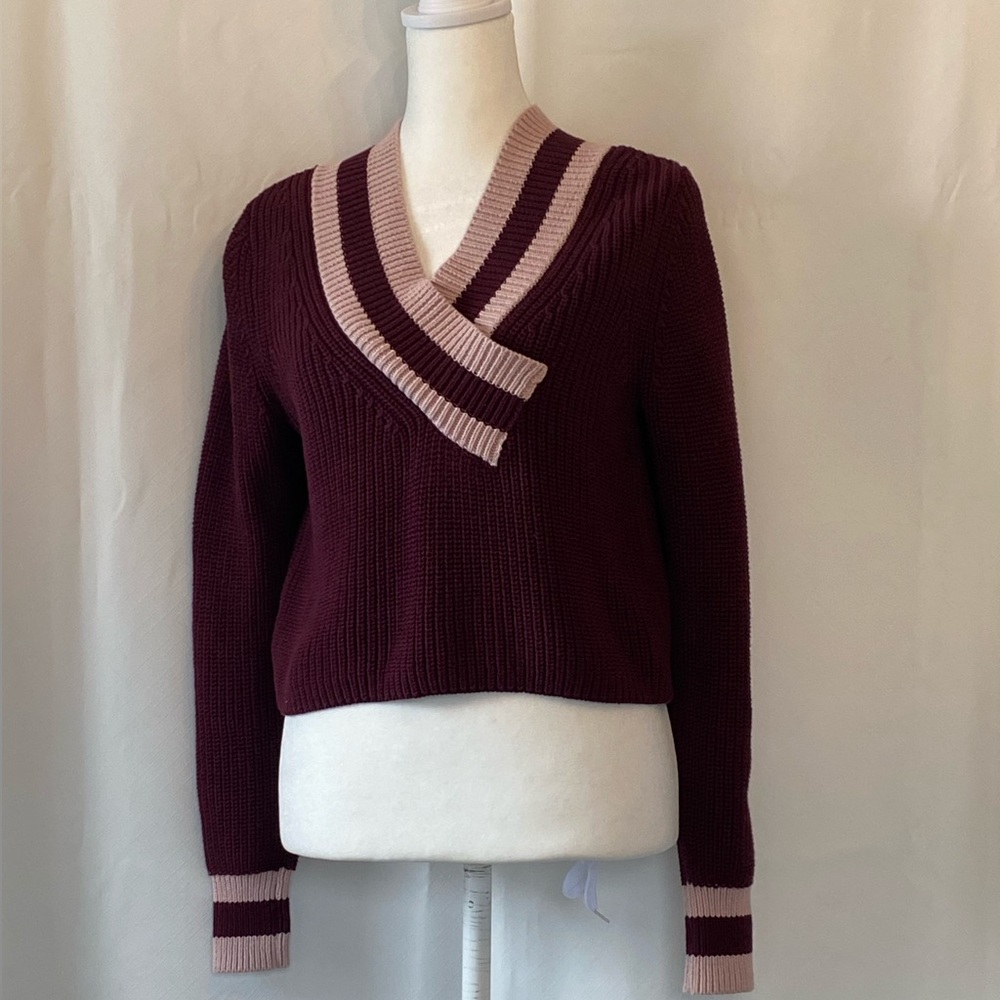 Women's Burgundy Preppy Academia Chunky Knit 100% Cotton V-Neck Sweater XS